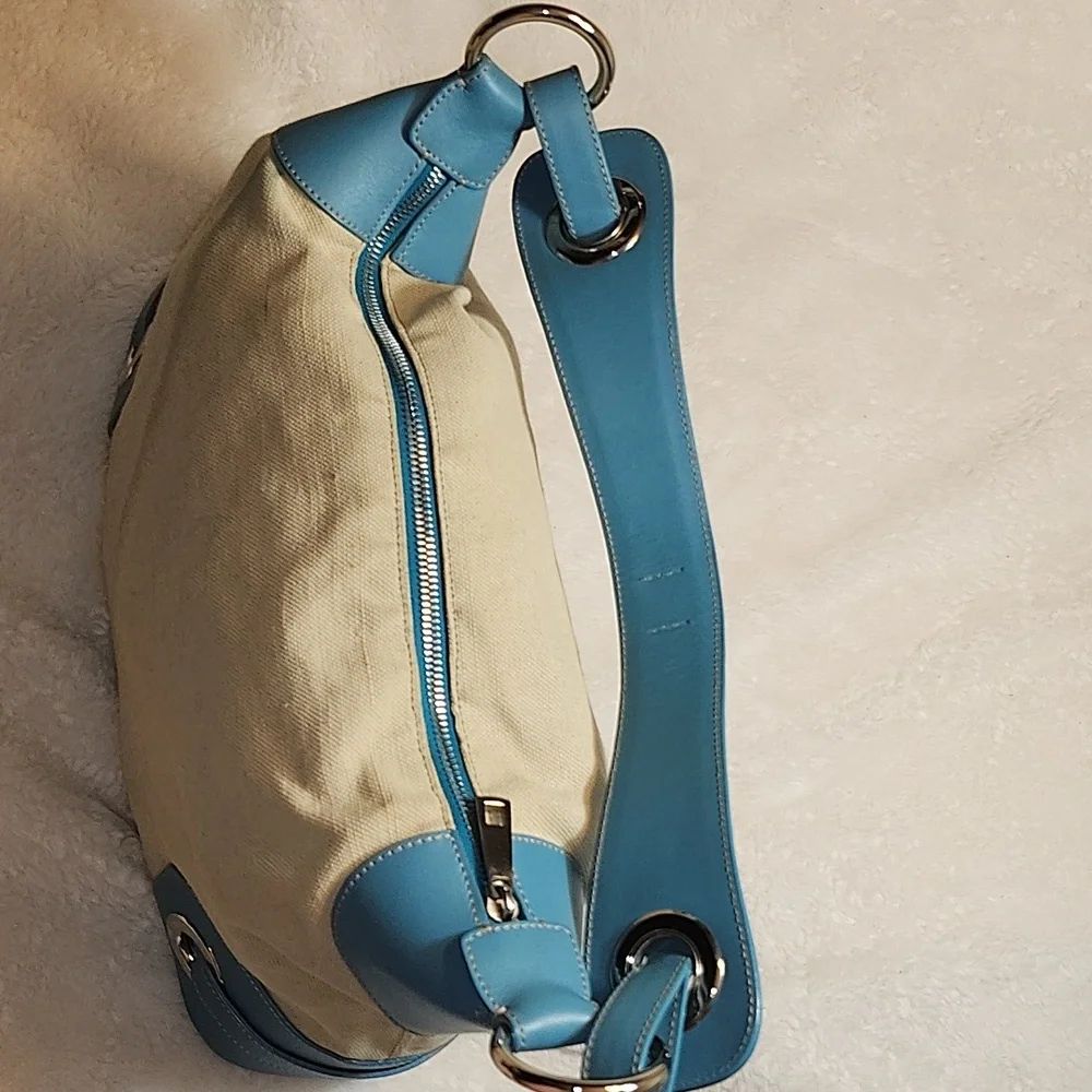 Bally Blue and Cream Canvas/ Leather Hobo Shoulder Bag